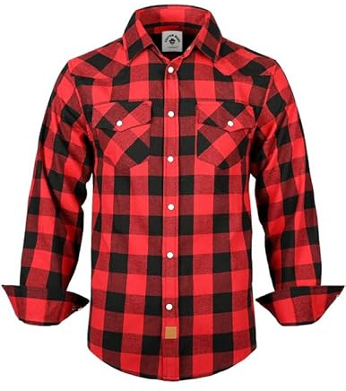 TARAINYA Camicia Flanella Uomo Cotone Western Cowboy Quadri Manica Lunga con Bottoni Automatici Regular Fit A Rosso Nero Bufalo M