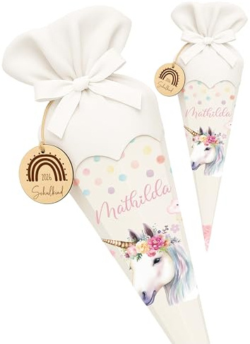 Kidsmood Einhorn-03 Schultüte personalisiert mit Namen – Hochwertiges Bastelset inkl. Rohling, Stoff & Holzschild für Einschulung 2026 mit verträumtem Einhorn – Zuckertüte Geschenk Mädchen