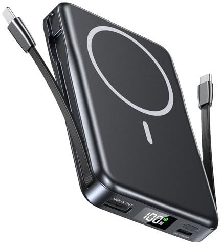 10000mAh Power Bank für MagSafe, PD 20W Schnelllade Powerbank für iPhone 16/15/14/13/12 Pro/Pro Max | 5 Geräte gleichzeitig, Integrierte Kabel & LCD Display, Flugzeugtauglich