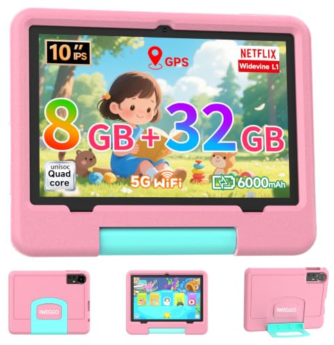 IWEGGO Android 15 Kids Tablet, 10 inch Tablet for Kids, 18GB RAM+128GB ROM (MAX 2TB), HD Eye-Care Touch Screen, Games, Parental Control, 2.0GHz Quad-core Toddler Tablets with Kid-Proof Case for Girls