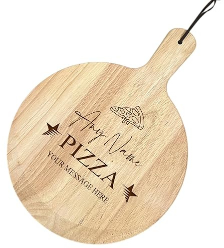 ukgiftstoreonline Large Personalised Custom Pizza Board Names Serving Tray Handle Paddle Round Wooden