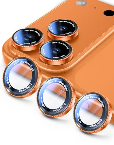 Kamita Protecteurs d’objectif de Caméra pour iPhone 17/16/15/14 Pro Max et Pro Série, Verre Trempé HD Caméra Arrière Protecteur d'écran Film, Protection Objectifs Camera Individuels en Métal (Orange)