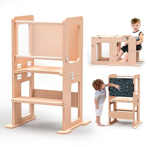 Toddler Tower Kitchen Step Stool with Chalkboard, 3-in-1 Learning Standing Tower, Convertible Kids Table and Chair, Wooden Kitchen Standing Stool with Safety Protective Net for Counter & Sink