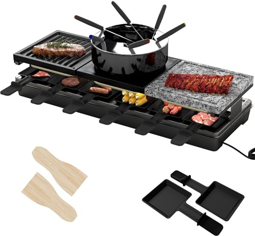 Froadp Raclette Fondue Kombination für 12 Personen Electric Tischgrill mit Fondue-Topf, Naturgrillstein und Antihaft-Grillplatte Grill Elektrogrill inkl. 12 Pfännchen, 12 Spatel & 6 Fonduegabeln