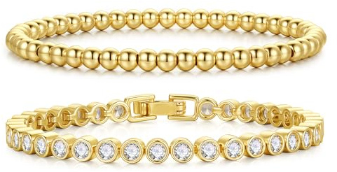 Turandoss Armband Damen Gold, 14K Vergoldet Tennisarmband Armband Damen | Gold Perlenarmband Stack Set Verstellbare Tennisarmband Armbänder Schmuck Geschenk für Frauen Mädchen