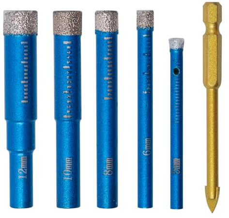 Juego de 6 brocas de diamante para azulejos, 5 mm, 6 mm, 8 mm, 10 mm y 12 mm, broca para azulejos de porcelana y metal, brocas para cerámica, granito, cristal, porcelana, mampostería, mármol