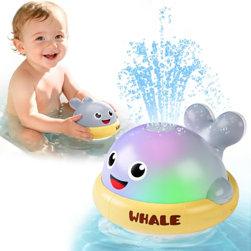 Baby Bath Toys Whale Sprinkler: Light Up Bath Toys for 1 2 3 Year Old, Grey | Toddler Pool Party Gift Bath Toy with Colorful Lights, USB Charging & Waterproof, Playing in the Bathtub & Garden Water Table
