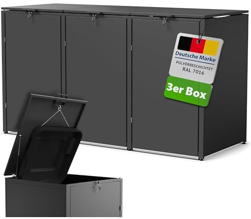 Gartenzeit® Mülltonnenbox Metall RAL 7016, verzinkt und pulverbeschichtet – 3er/4er Mülltonnenhaus, abschließbar, wetterfest, mit Gasdruckfedern – für 120–240 L Tonnen (3er)