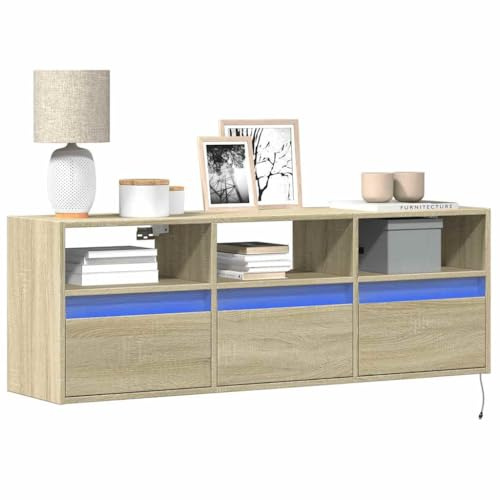 Meuble TV Mural Flottant Moderne avec Éclairage LED RGB, Armoire Télé en Chêne Sonoma 130 cm, 3 Tiroirs et 3 Casiers pour Salon Salle à Manger, Design Gain de Place et Rangement Intelligent