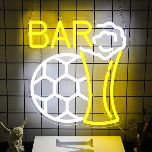 Fußball Bier Neon Schild Dimmbar LED Leuchtreklame für Bar Sport Party Deko | Acryl Bar Neonlicht, USB Betrieben, Bier Leuchtschild für Wand, Leicht Aufzuhängen, Geschenk für Fußballfans, 36 x 22 cm