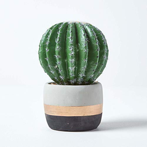HOMESCAPES Lifelike Artificial 'Echinocactus' In Cream, Black & Gold Decorative Stone Pot Faux Succulent Decoration For Home Or Office, Measures 19cm Tall