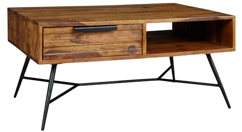 FineBuy Couchtisch Nishan 87 x 41 x 55 cm Sheesham Massiv Holz, Design Holztisch mit Stauraum und Schublade, Massivholztisch Wohnzimmer, Retro-Industrial Wohnzimmertisch mit Metallbeinen Braun