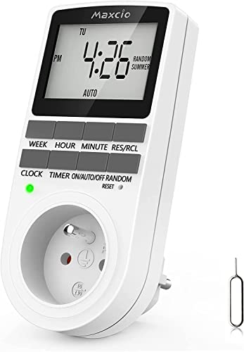 Prise Programmable Digitale, Maxcio Minuterie Numérique Hebdomadaire avec Ecran LCD, Minuterie Prise Electrique 12H/24H/7Jours, Économie d'Energie pour L'électroménagers et L'éclairage (1 Pack)