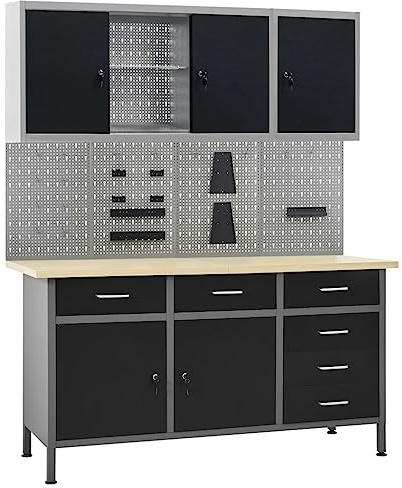 vidaXL Banco de Trabajo Cuatro Paneles de Pared y Dos Armarios Garaje Taller Herramientas Almacenamiento Plataforma Reparación Accesorios Cajones