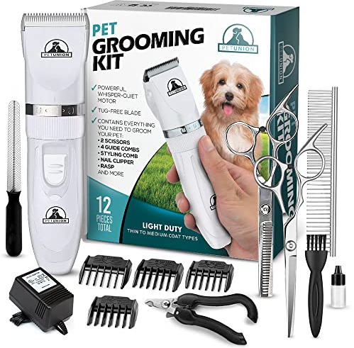 Pet Union Professional Dog Grooming Kit - Rechargeable, Cordless Pet Grooming Clippers & Complete Set of Dog Grooming Tools. Low Noise & Suitable for Dogs, Cats and Other Pets (White)