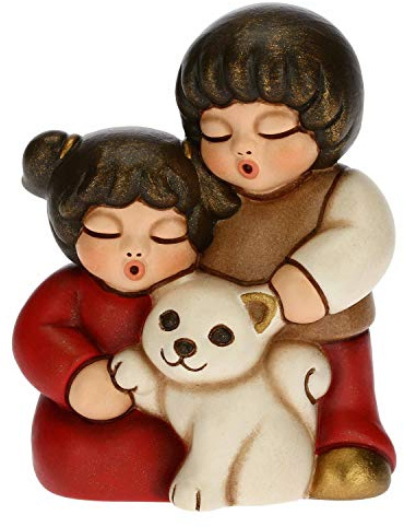 THUN - Statuina Presepe Coppia di Bambini con Gatto - Decorazioni Natale Casa - Linea Presepe Classico, Variante Rossa - Ceramica - 5,5 x 4 x 6,5 h cm