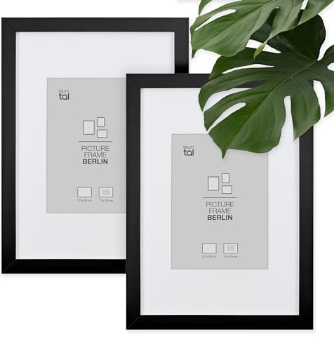 Blumtal – 2er Set Bilderrahmen 21x30 cm, hochwertiger Fotorahmen Berlin aus Holz mit Passepartout, zum Aufhängen und Aufstellen, schwarz