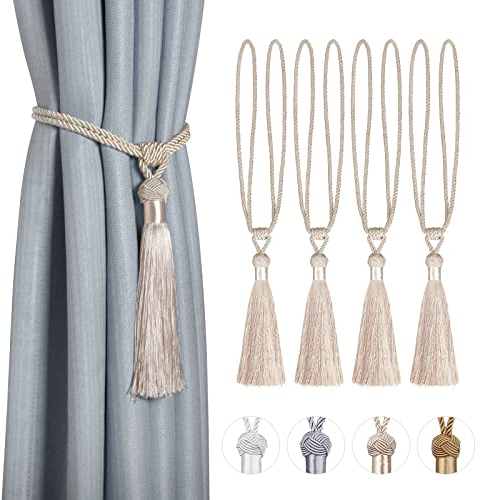 Dalababa 4 Piezas Alzapaños para Cortinas Cuerda Trenzada Correa Borlas Amarres de Cortina Decorativos Algodón Poliéster Tiebacks para Dormitorio Oficina,Beige