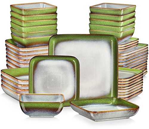 Vancasso Stern Vaisselle de table en grès de forme carrée, glaçure réactive, 48 pièces, assiettes plates, assiettes à dessert, bols et assiettes creuses, pour 12 personnes, bleu-vert
