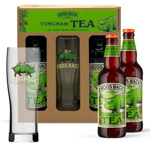 HOGS BACK BREWERY TEA Bottled Beer Gift Set with Beer Glass | Our Classic Traditional English Ale | 4.2% | 2 x 500ml bottles and 1 pint glass | Perfect Birthday Present or Gift