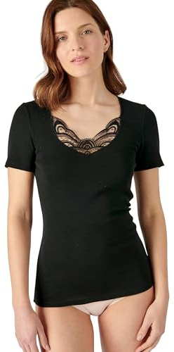Damart Camiseta de Manga Corta de canalé Fino guipur Thermolactyl Ropa Interior, Negro, M para Mujer