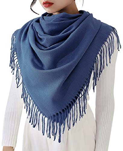 Damen Kaschmirimitat Schal Großer Schal Breite Shawl mit Fransen Umhängetuch Elegant Damenschal Winterschal Modisch Warm Webschal für Herbst Winter Einfach Basic 70×180cm - Einfarbig Jean Blau