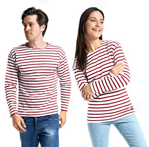Win's Mariniera a maniche lunghe unisex - Maglietta a righe uomo e donna, bianco/rosso, M