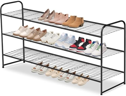 AOODA Long 3 Tier Metal Shoe Rack for Closet Wide Stackable Shoe Storage Organizer for Entryway, Bedroom, Floor, 24-Pairs Men Sneakers Shoe Shelf with Wire Grid, Black