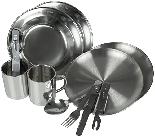 Black Snake® Flacher und tiefer Camping Picknick Teller mit Besteck Plus Tasse aus Edelstahl - 2 Personen - Set