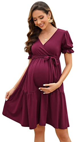 KOJOOIN Vestido De Maternidad para Mujer con Cuello En V Vestido De Enfermería Elegante Manga Farol Vestidos De Maternidad con Volantes Borgoña (Manga Corta) L