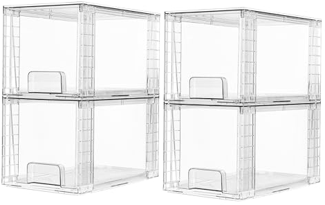Vtopmart 4 Pack Stackable Storage Drawers,Clear Acrylic Drawer Organizers with Handles, Easily Assemble for Bathroom,Kitchen Undersink,Cabinet,Closet,Makeup,Pantry organization and Storage