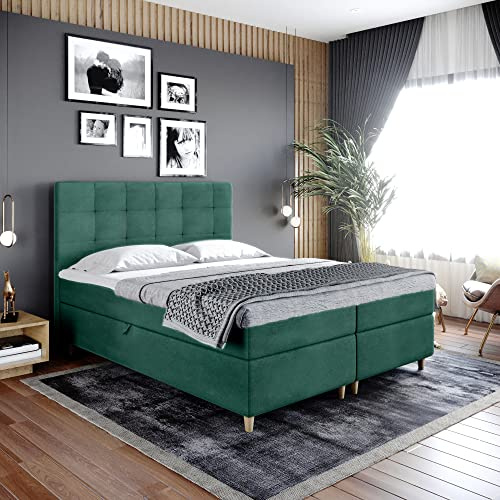 Boxspringbett Dante - Doppelbett, Bett mit Bonellmatratze und Topper, 2 Bettkästen für Bettwäsche, Polsterbett, Modern, Elegant, Schlafzimmer, Schlafzimmermöbel, Schlafzimmerbett (180x200, Grün)