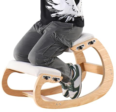 MallVitally Adjustable Kniestuhl, hölzerner ergonomischer Schaukelstuhl - Verbessern Sie Ihre Haltung mit einem angewinkelten Sitz für Zuhause, Büro (weiße Eiche)