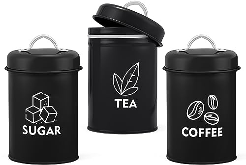 Homikit Tea Coffee Sugar Canisters Set of 3, Metal Storage Jars with Lids | Food Storage Tins for Kitchen/Farmhouse/Countertop Décor, Sturdy & Easy To Clean, Retro Design - Black