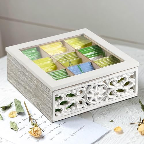 JAZUIHA Vintage Teebox - Teebeutel Aufbewahrungsbox aus Holz - Teebeutelbox mit Sichtfenster - Teekiste 9 Fächer - Shabby Weiß