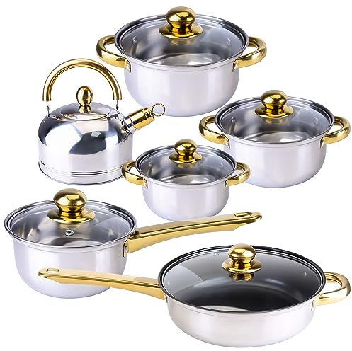 Uposao Kitchen - Juego de ollas y sartenes de acero inoxidable (12 piezas, ollas y sartenes, apto para lavavajillas, ollas, sartenes, utensilios de cocina, hervidor de agua