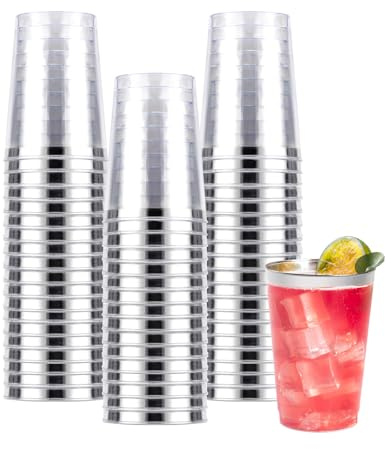 Goodluck 50PCS 10oz Silver Plastic Cups for Party, Reusable Silver Rim Cups, Plastic Cocktail Glasses for Wedding Thanksgiving, Christmas, and Parties