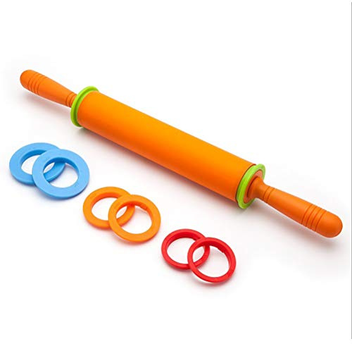 Silikon-Nudelholz, Verstellbarer Teigroller, Knödelhaut-Nudelholz, Teigbacken-Nudelholz mit 4 Abstandshaltern für Fondant, Kuchen, Kruste, Kekse, Gebäck, Teig, Pizza (ORANGE)