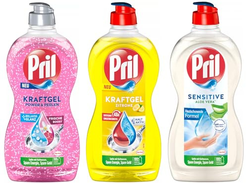 PRIL-Set Kraftgel 1x Power & Perlen Granatapfel & Orangenblüte & 1x Zitrone & 1x Sensitive Aloe Vera, Handgeschirrspülmittel-Set mit hoher Fettlösekraft, für sauberes Geschirr, 3x 450ml