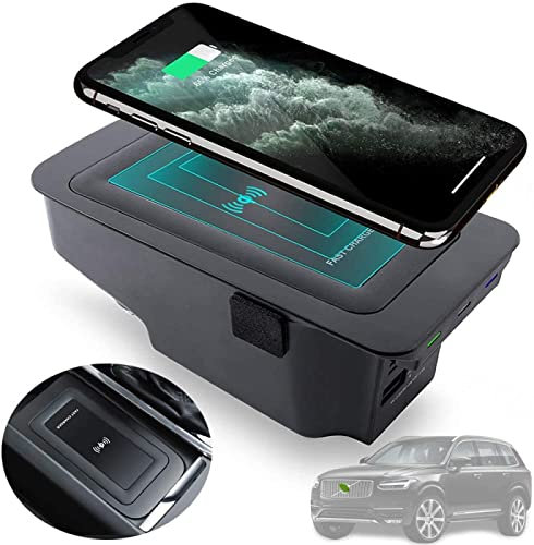 Wireless Car Charger for v-olvo S90 V90 XC90 XC60 V60 S60 2020 2019 Center Console Accessory Panel, 10W Qi Fast Charging Phone Charger Pad with Dual 18W QC3.0 USB Ports for All Qi Phone