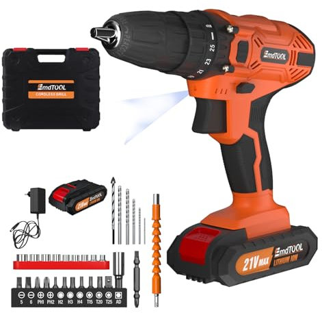 21V Electric Screwdrivers 45nm Cordless Combi Drills, 3/8inch Keyless Chuck Hand Drills w/1.5AH Lithium-Ion Batteries & Fast Charger, Cordless Electric Drill with 29PCS Drill Bit Set, Orange