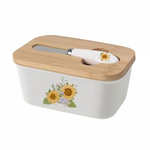 WAIT FLY Beurrier en céramique avec couvercle en bambou et couteau, 2 bâtons de beurrier pour comptoir de cuisine, décoration d'intérieur - tournesol