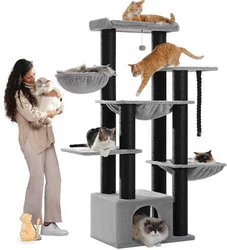 PAWZ Road Kratzbaum XXL 170cm für große Katzen,13 Sisalpfosten 11cm,Schwarz