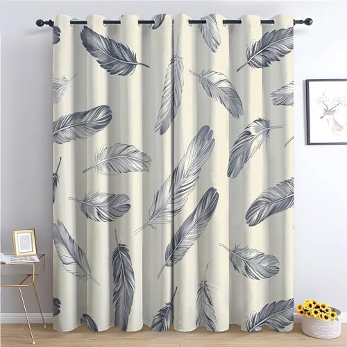 CozyRest Eyelet Blackout Curtain 92 W x 54 L Hand -Painted Feathers Thermal Insulated Ring Top Curtains for Living Room Gaming Room Noise Reduction Privacy Protection Curtain – Cream