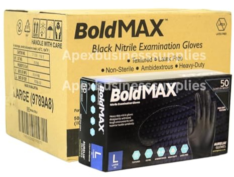 10 Boxex Large Bold Max Nitrile Glove Heavy Duty Diamond Grip Black Gloves - High Density Latex & Powder Free Black Nitrile Gloves - Mechanic Gloves Extra Thick & Super Strong 500 Gloves