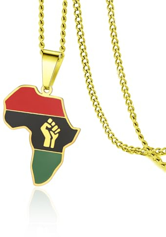 VASSAGO Afrikanische Halskette mit Faust Power in Pan für Damen, Edelstahl, farbige Afrika-Karte, Anhänger, Halskette, Afrika-Karte, Kontinent, Hiphop-Schmuck, Geschenk für Männer