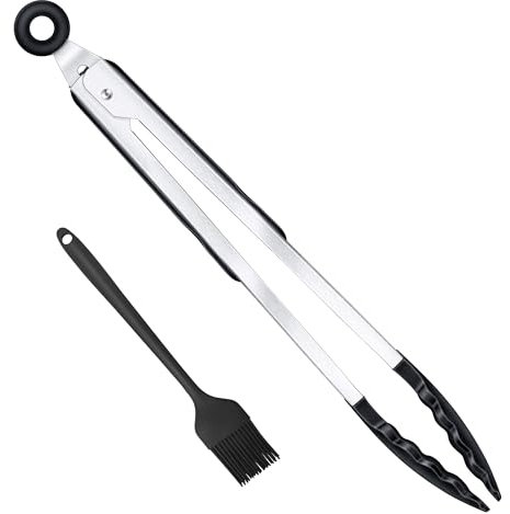 35cm Pince Cuisine Professionnel, Pince Barbecue en Acier Inoxydable et Silicone Alimentaire, Brosse incluse, Pince de Cuisine Résistant à la Chaleur