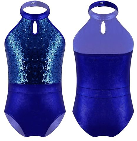 Turnanzug Mädchen Kurzarm Gymnastikanzug for Mädchen, glitzernde Pailletten, Tanzbekleidung, ärmellos, Cut-outs auf der Rückseite, Riemchen an der Taille, Ballett-Tanz-Overall(Royal Blue-B,12Y)