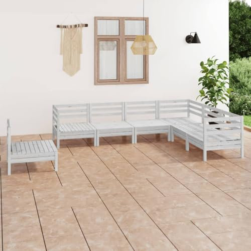 KTHLBRH 7-TLG. Garten-Lounge-Set Massivholz Kiefer Weiß Outdoor-Möbel-Sets Balkonmöbel-Sets Gartenmöbel-Sets Terrassenmöbel-Sets für Terrasse, Garten, Balkon