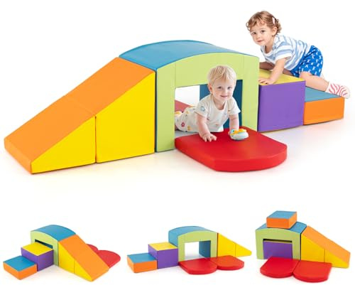 COSTWAY 6 Piece Kids Climb and Crawl Foam Play Set, Colorful Toddler Educational Soft Climbing Blocks, Baby Soft Play Equipment for Climbing, Sliding, Crawling (Yellow+Orange+Green)